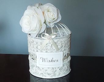 Ivory Advice Card Holder, Wedding Wishing Well, Card Holder, Well Wishes Box, Birdcage, Baby Shower, Bridal Shower, Ivory Flower and Lace
