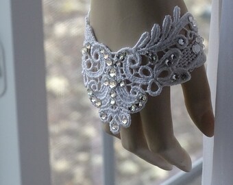 Modern Sparkling Bridal Lace Bracelet with Crystals, bridal cuffs, white, bridal bracelet with Crystals, Swarovski Crystal