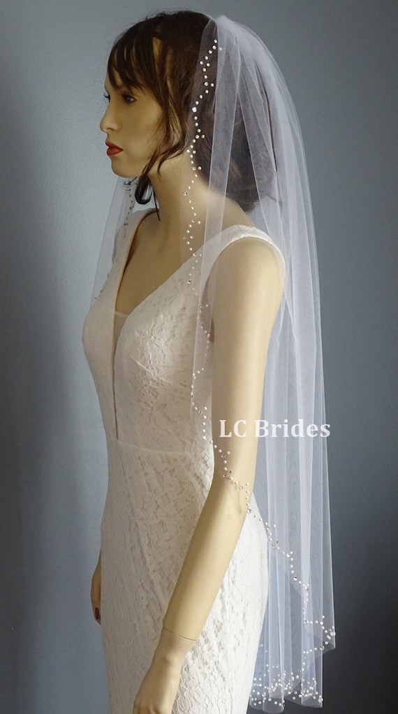 Pearl-Trim Off White Bridal Veil - Fingertip Length Wedding Veil With Pearls, Fingertip Length, Pearl Veil  main image 4