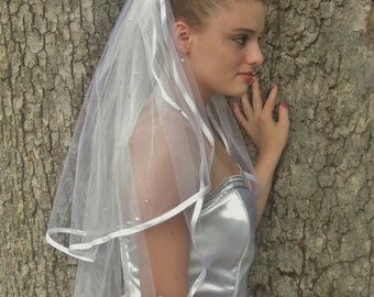 Wedding Blusher Veil with Crystals, Sparkling Veil, Wedding Veil with Satin Edge, Elbow Length