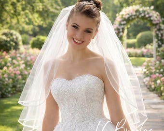 Two Tier Bridal Veil with Blusher, Satin Edge Tulle Wedding Veil, Short Tulle Veil