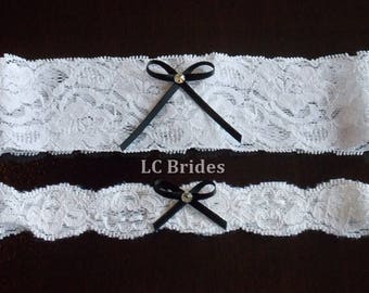 White Satin Bridal Wedding Garter Set Black Bow