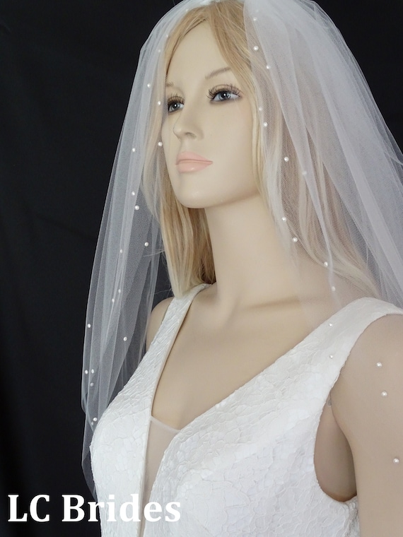 Wedding Veil With Pearls, Fingertip Length, Pearl Veil 