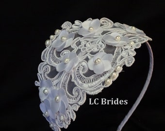 Bridal Lace Headband, Bridal Pearl Headband, Bridal Lace Hair Piece, Bridal Satin Lace Headband