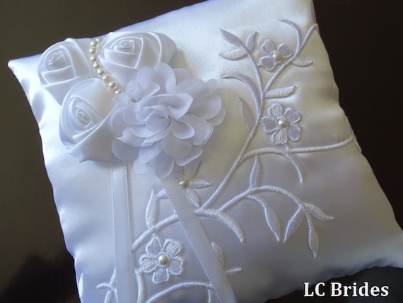 Wedding Ceremony Off White Satin Crystal Flower Ring Bearer Pillow Cushion
