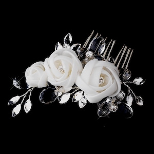 Crystal Flower Hair Comb, White Chiffon Flower Hair Comb, Bridal Hairpiece, Wedding, Bridal, Hair Comb, Silver Crystal Hair Comb, Rhinestone