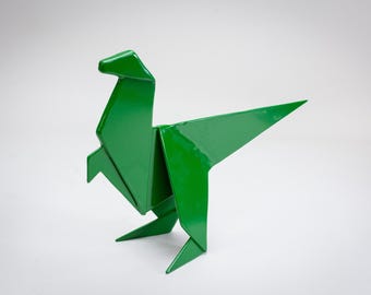 Steel Origami Dinosaur Raptor Sculpture | Large | Green | Metal