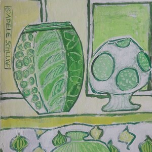 May include: A painting of three green ceramic vases with a white background. The vases are decorated with green and white patterns. The painting is signed "(C) ADELE SCHLUGE".