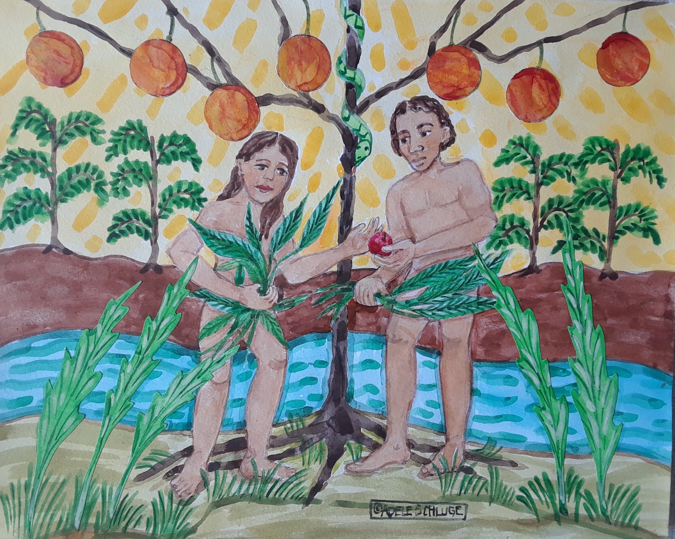 Garden of Eden Watercolor Painting: Adam and Eve Folk Art, Vintage ...