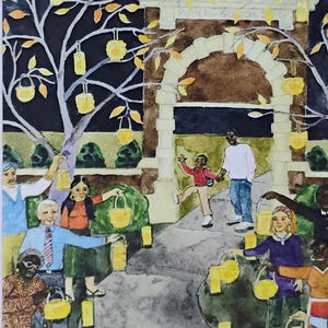May include: Watercolor painting of a nighttime scene with people holding yellow lanterns. A tree with yellow lanterns hangs over an archway with the words "PUBLIC SCHOOL" on top. People of diverse backgrounds are gathered.