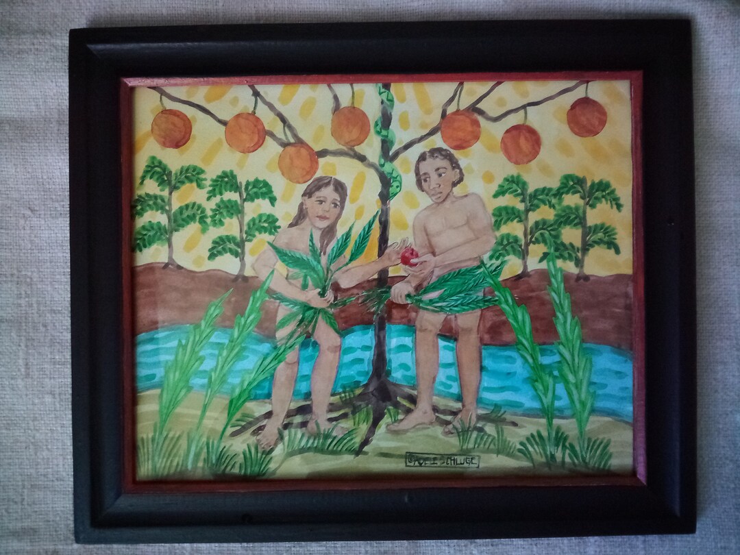 Garden of Eden Watercolor Painting: Adam and Eve Folk Art, Vintage ...