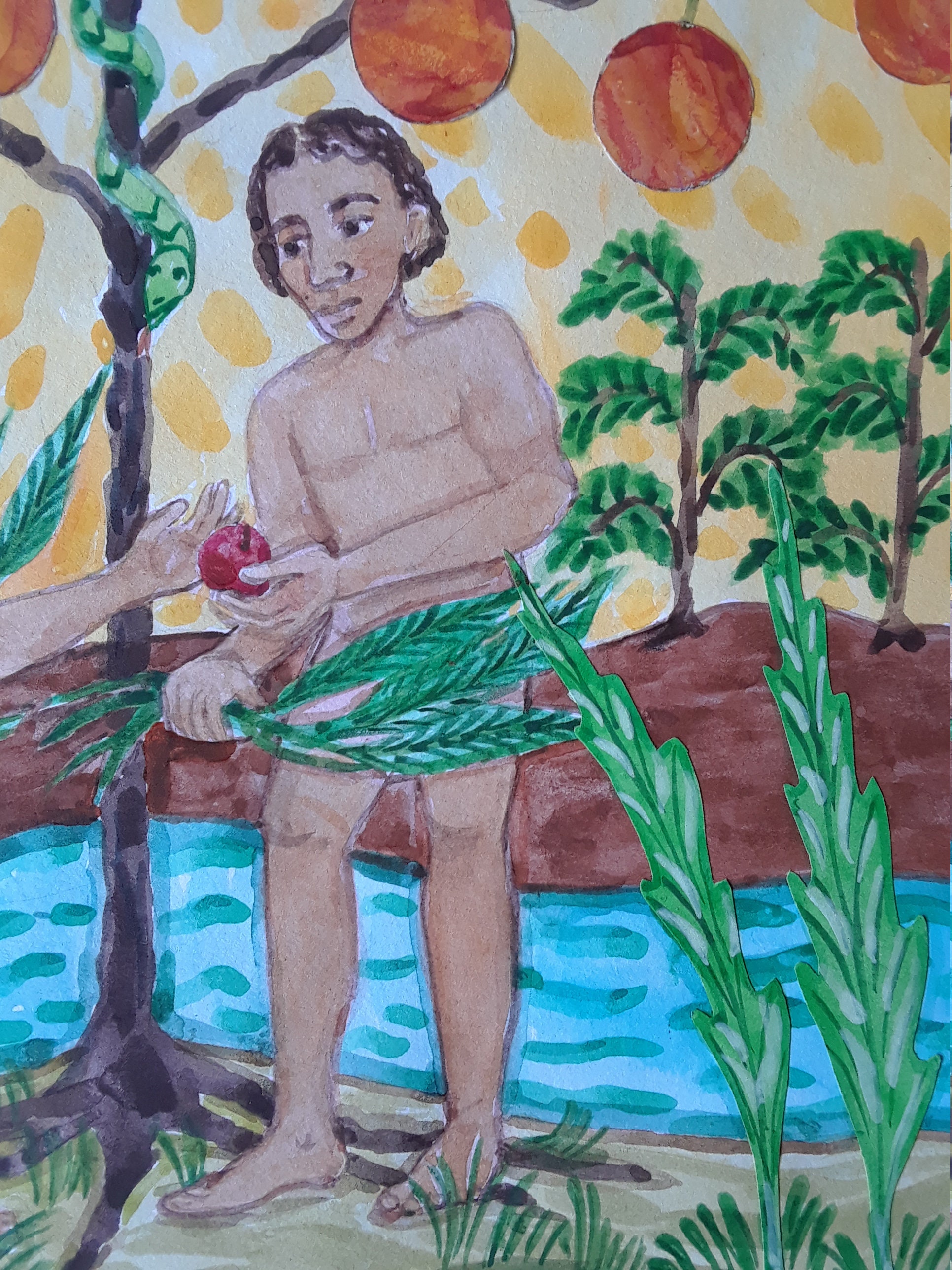 Garden of Eden Watercolor Painting: Adam and Eve Folk Art, Vintage ...