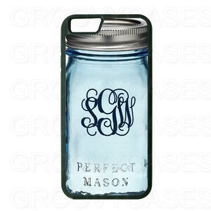 Monogrammed iPhone 7 8 X XR Xs 11 12 Pro Plus Max Mini Case Rubber Blue Mason Jar