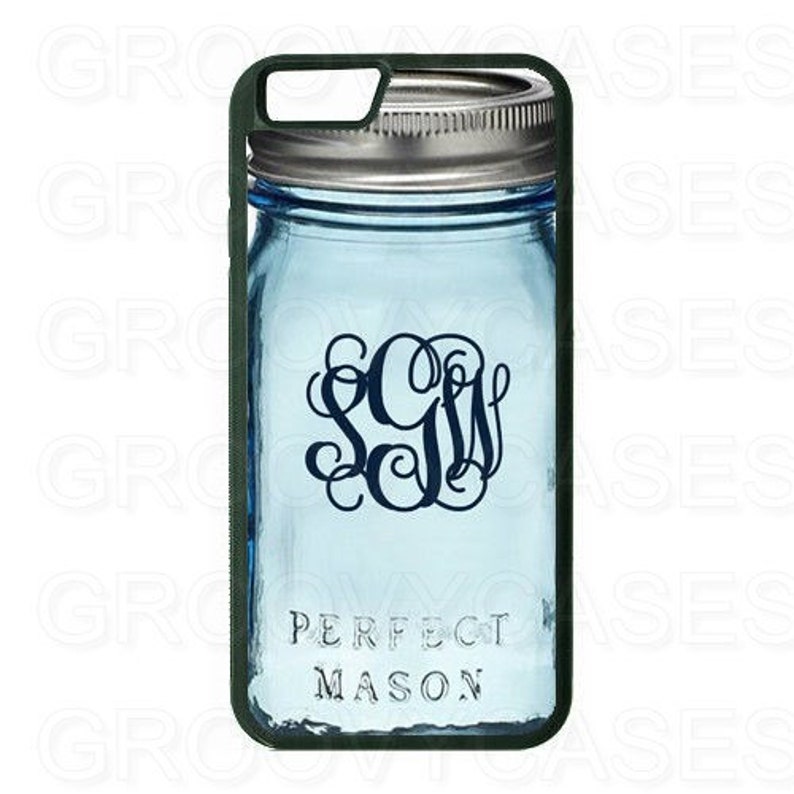 Monogrammed iPhone 7 8 X XR Xs 11 12 Pro Plus Max Mini Case Rubber Blue Mason Jar