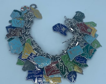 Vintage COLLECTIBLE 1950s Sterling Charm Bracelet with 40 United States and Canada Charms ~ FREE SHIPPING ~