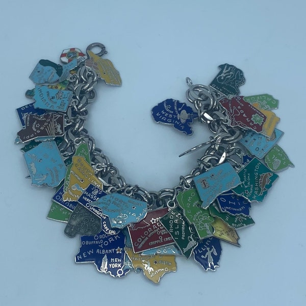 Vintage COLLECTIBLE 1950s Sterling Charm Bracelet with 40 United States and Canada Charms ~ FREE SHIPPING ~