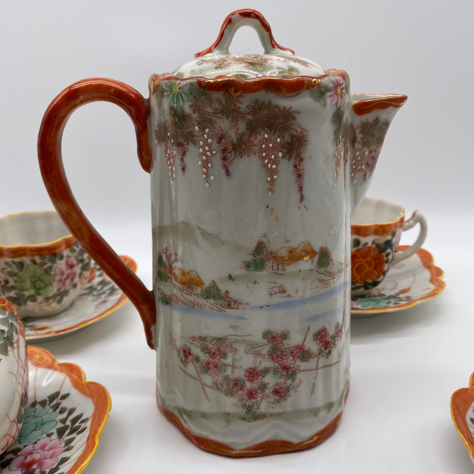 Antique Chocolate Pot With 4 Cups and Saucers Geisha Ware Style Etsy