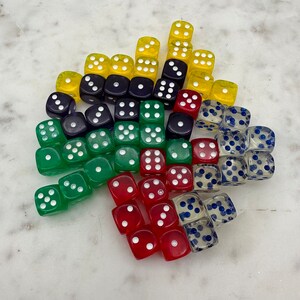 Vintage Set of 2 Dice 1/2 inch Plastic Dice Blue Red Clear Yellow Green
