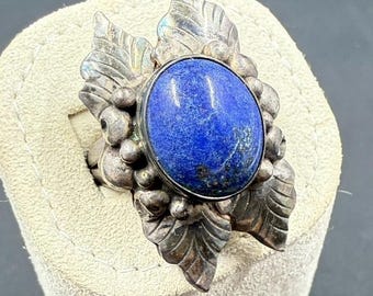 Anillo vintage de plata de ley 925 con diseño floral y lapislázuli ovalado – Talla 7 – 10,25 g