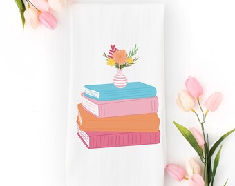 Books & Flowers Tea Towel | Pastel Book Stack Tea Towel | Pretty Tea Towel | Pretty Kitchen Decor |