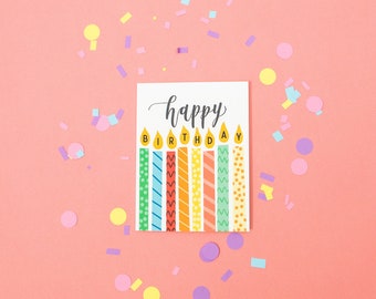 Colorful Birthday Card | Happy Birthday Card with Candles | Hand Lettered Birthday Card | Primary Colors Birthday Card