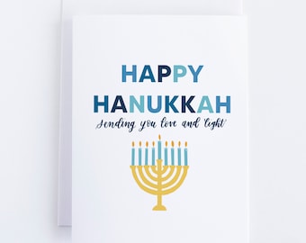 Happy Hanukkah Card | Sending you Love and Light | Blue Hanukkah Card | Heartfelt Hanukkah Card | Cute Hanukkah Card | Menorah Hanukkah Card