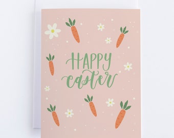 Happy Easter Card | Spring Card with Carrots and Flowers | A2 Greeting Card | Easter Basket | Easter Hostess Gift