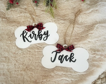 Personalized Dog Bone Christmas Ornament | Gift for Dog Mom, Dog Dad | Custom Dog Ornament | Acrylic Dog Bone Ornament with Bow