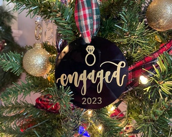 Engaged 2023 Christmas Ornament. Black Acrylic, White Acrylic, Gold Calligraphy Ornament. Gift for Engaged Couple. Engagement Gift Idea