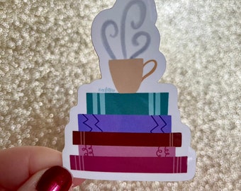 Stack of Books with Tea Cup Sticker | Bookworm | Bibliophile | Sticker for Book Lover |