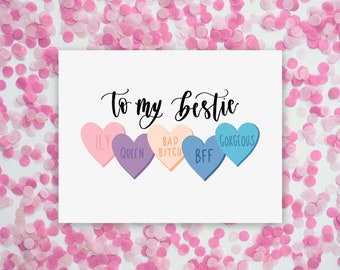 Galentine’s Day Card for Best Friend with Candy Heart Affirmations. Greeting Card for Friend, Sister, Bestie, BFF. Valentine’s Day Card.