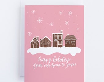 Pink Christmas Card with Gingerbread House. Cute Holiday Card. Christmas Village Greeting Card with Snowflakes. Happy Holidays A2 Card