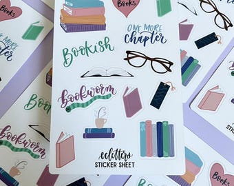 Bookish Sticker Sheet | Book & Reading Scrapbook Sticker Sheet | Planner Sticker Sheet | Mini Bookworm Stickers | Gift for Reader