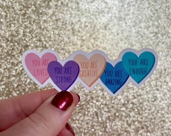 Candy Heart Affirmations Sticker, Waterproof Vinyl Decal