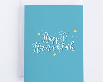 Blue Happy Hanukkah Card | Retro Inspired Hanukkah Card | Hanukkah Card with Stars | Hanukkah Holiday Card