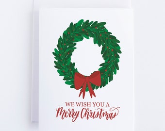 We Wish You a Merry Christmas Holiday Greeting Card. A2 Card with Green Holiday Wreath and Red Bow. Handmade Christmas Card.