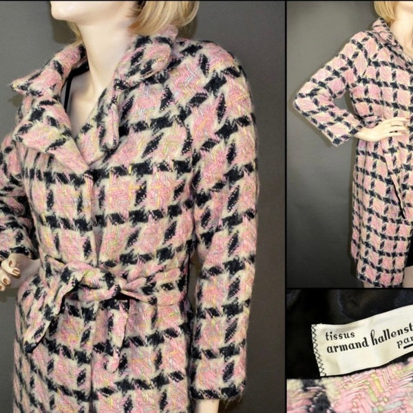 1960s Tweed Coat by Armand Hallenstein PARIS / Pink Black White Wool / Vintage 1960’s Size Small XS