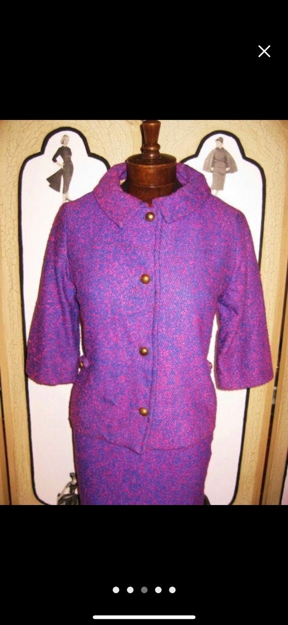 Vintage 60s Wool Boucle Suit, Fuchsia & Turquoise… - image 1