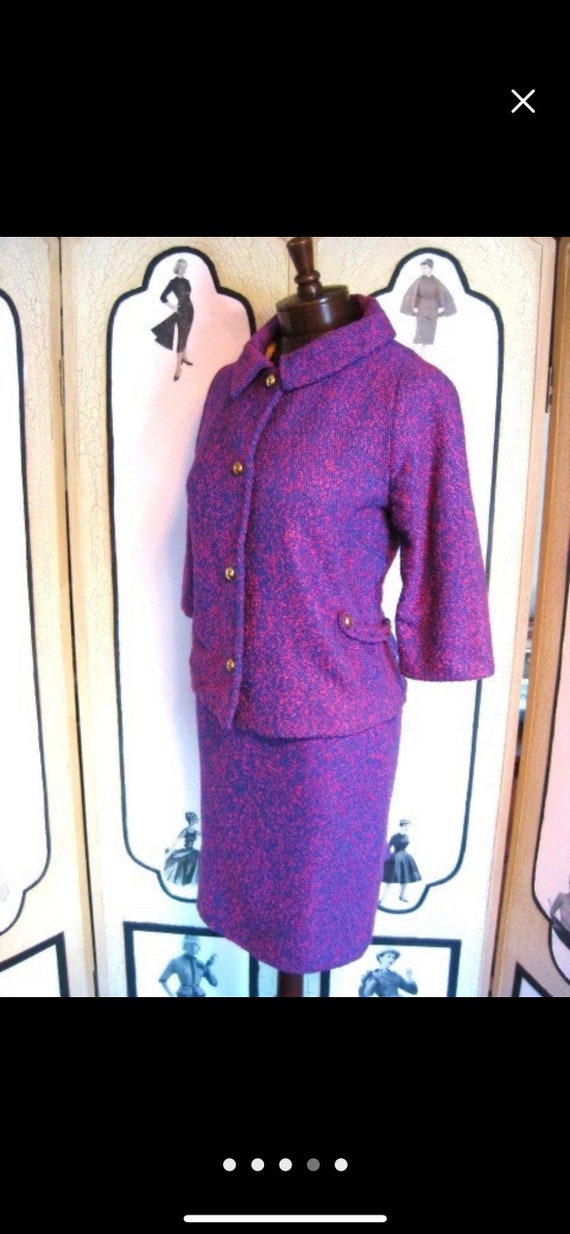 Vintage 60s Wool Boucle Suit, Fuchsia & Turquoise… - image 3