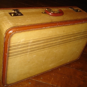 French Company Suitcase Rare Herringbone and Leather Luggage