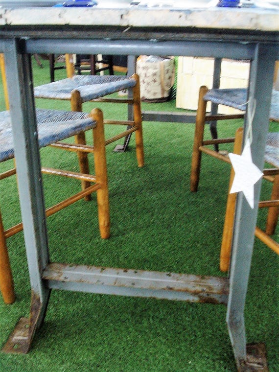 Farmhouse Dining Table Barn Door Table Top With Iron Industrial Legs 4 Customized Matching Antique Ladder Back Chairs