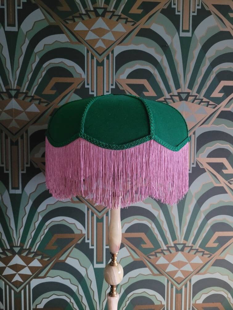 Green Pink Velvet Hollywood Art Deco Fringed Lampshade Etsy UK