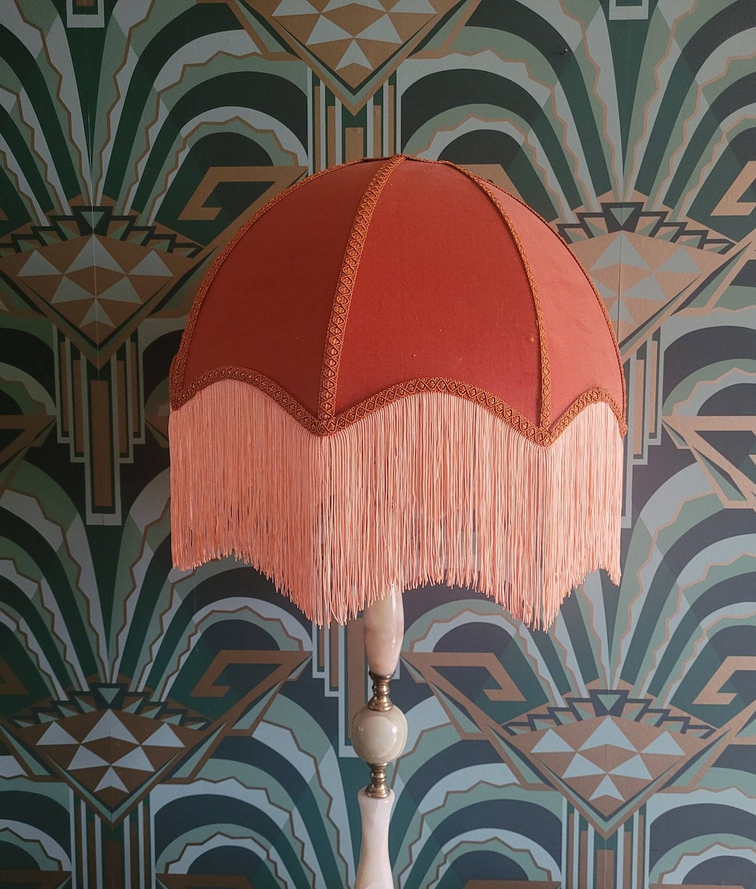 Art Deco, Copper & Peach Velvet Fringed Lampshade. Etsy