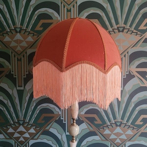 Art Deco, copper & Peach velvet fringed lampshade.