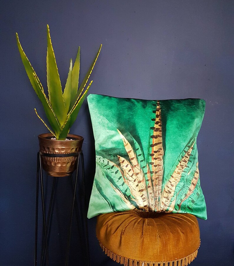 Gorgeous Green Velvet Pheasant Feather Print Cushion Etsy