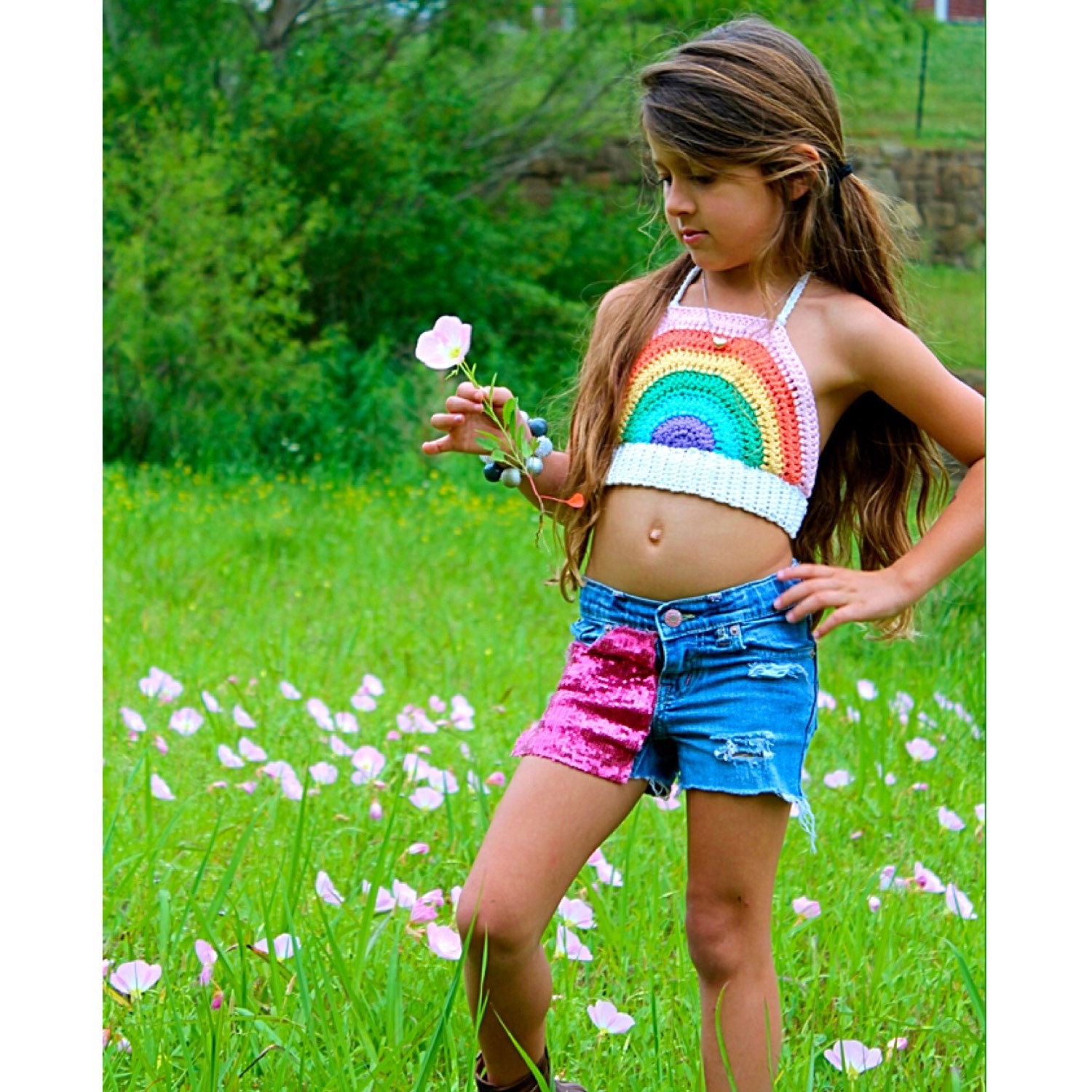 Crochet Rainbow Halter Kids Crop Top Girls Rainbow Top Baby