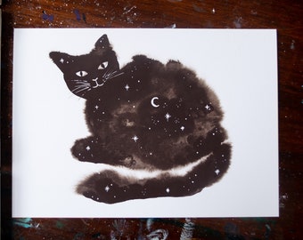 Watercolour print, black, fluffy cat. Nightsky, stars and the moon. Magic, wizard cat. Nightime. Archival print.