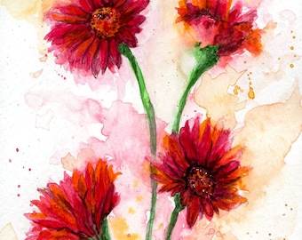 May include: Watercolor painting of red flowers with green stems on a white background with pink and yellow watercolor splatters. The flowers have a red center and orange petals.