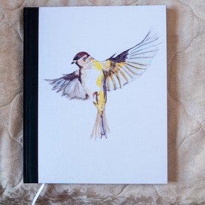Sparrow in flight notebook. Large, lined notepad. Hardcover with satin finish. White notebook. 20.5cmx25cm. 96pages. Bird notebook. Memobook