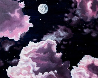 Dreamy print. Oil painting print. Fullmoon, clouds and stars. Pink sky. Archival print. Different sizes. Magical nightsky, pink clouds